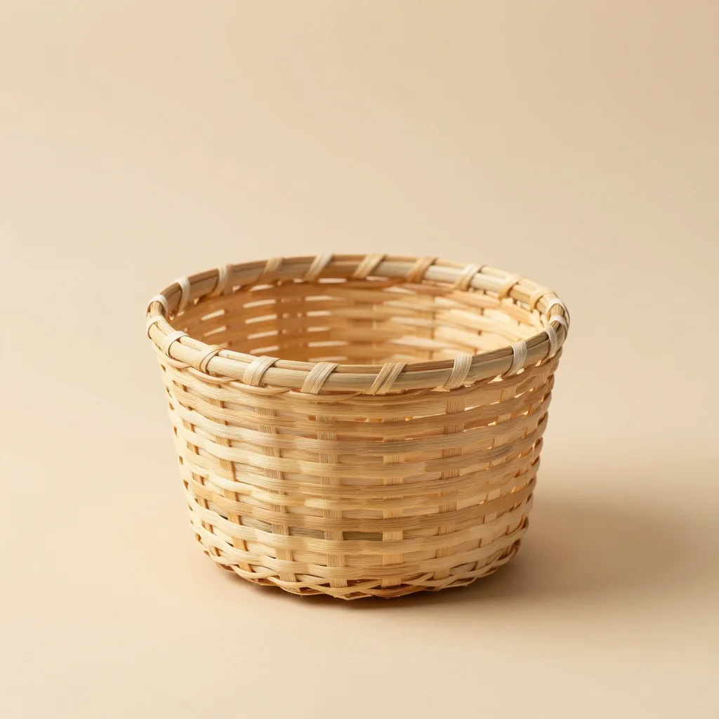 A small coiled palm basket on a light background