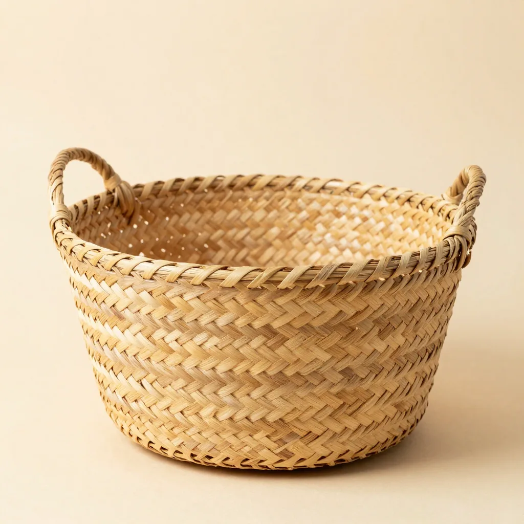 A medium coiled palm basket on a light background