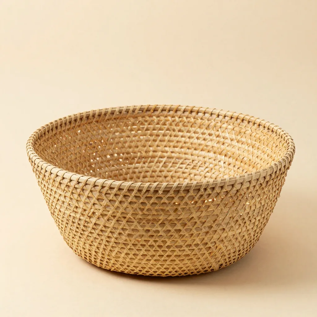 A large coiled palm basket on a light background