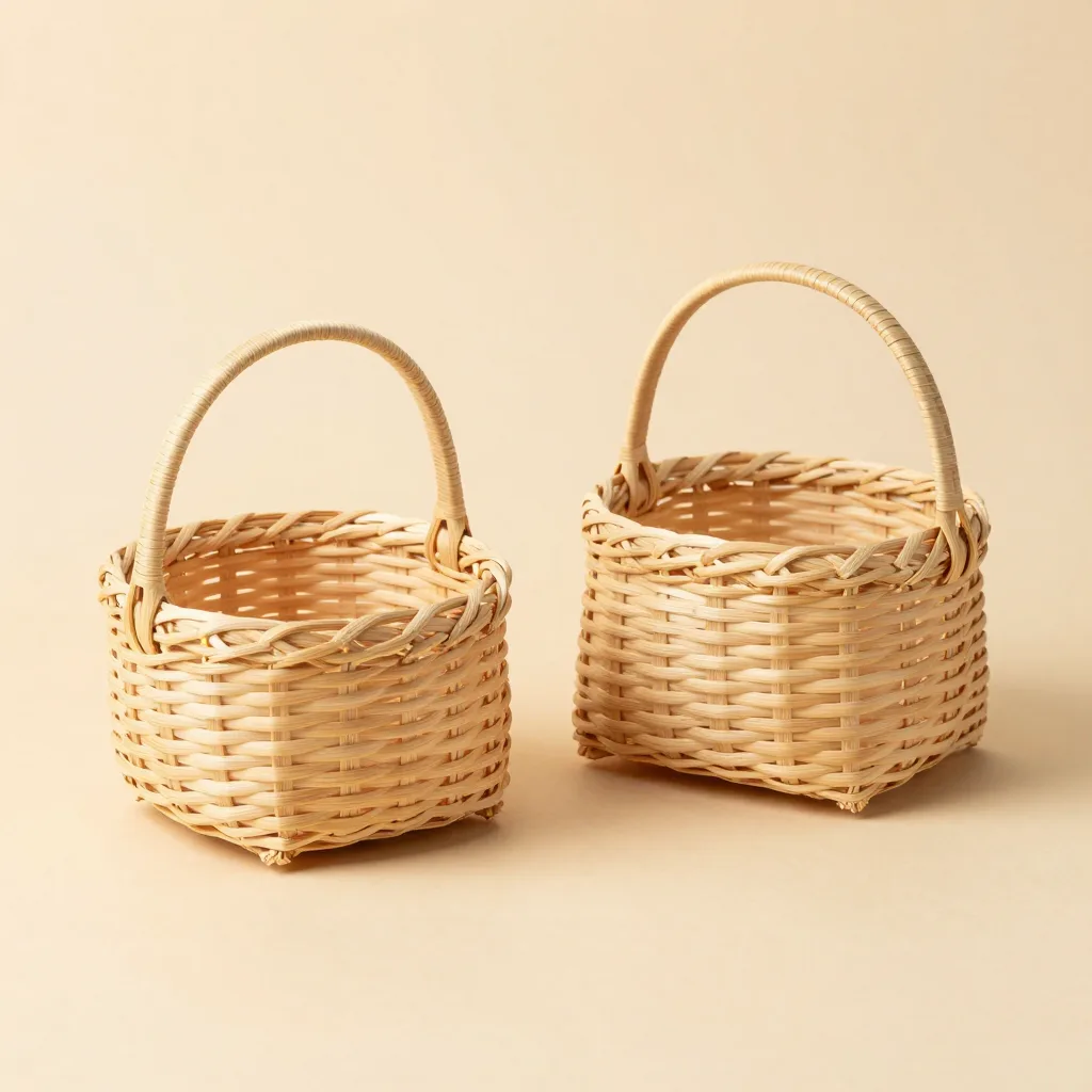 Two mini coiled palm baskets on a light background