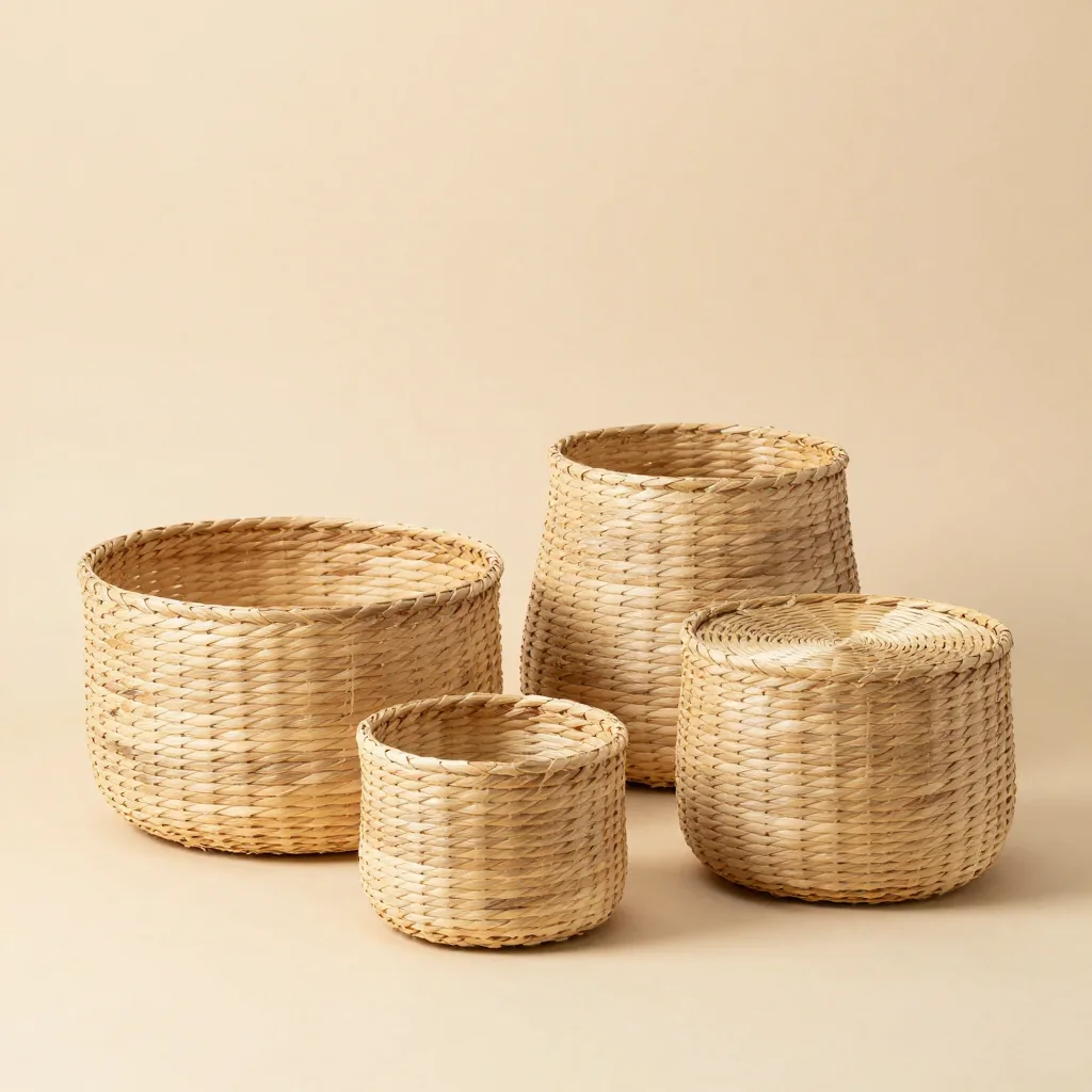 A set of coiled palm baskets on a light background