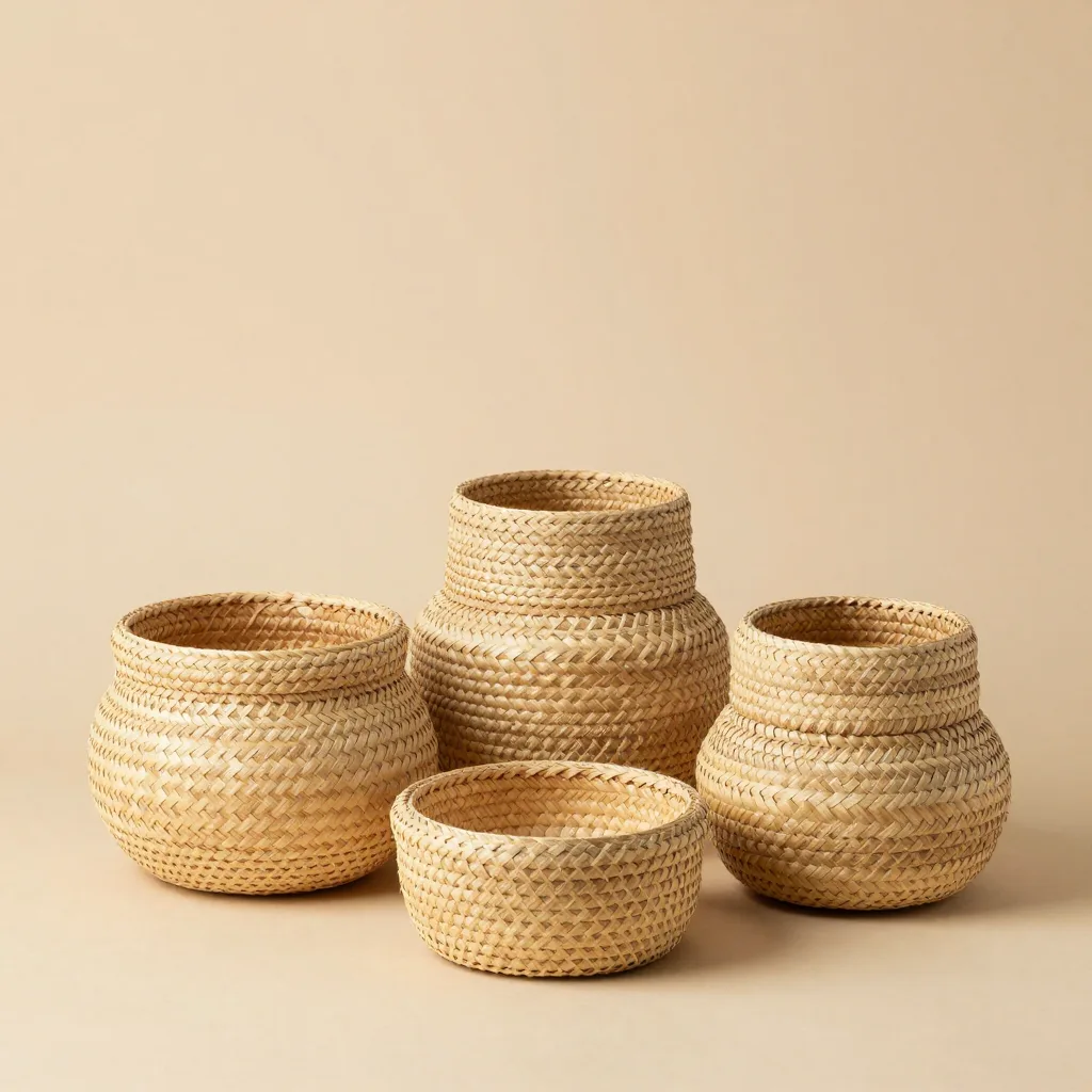 A collection of coiled palm baskets on a light background